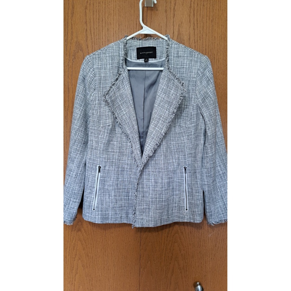 Banana Republic Women's Tweed Open Front Blazer 12 Frayed Edges Lined Pockets